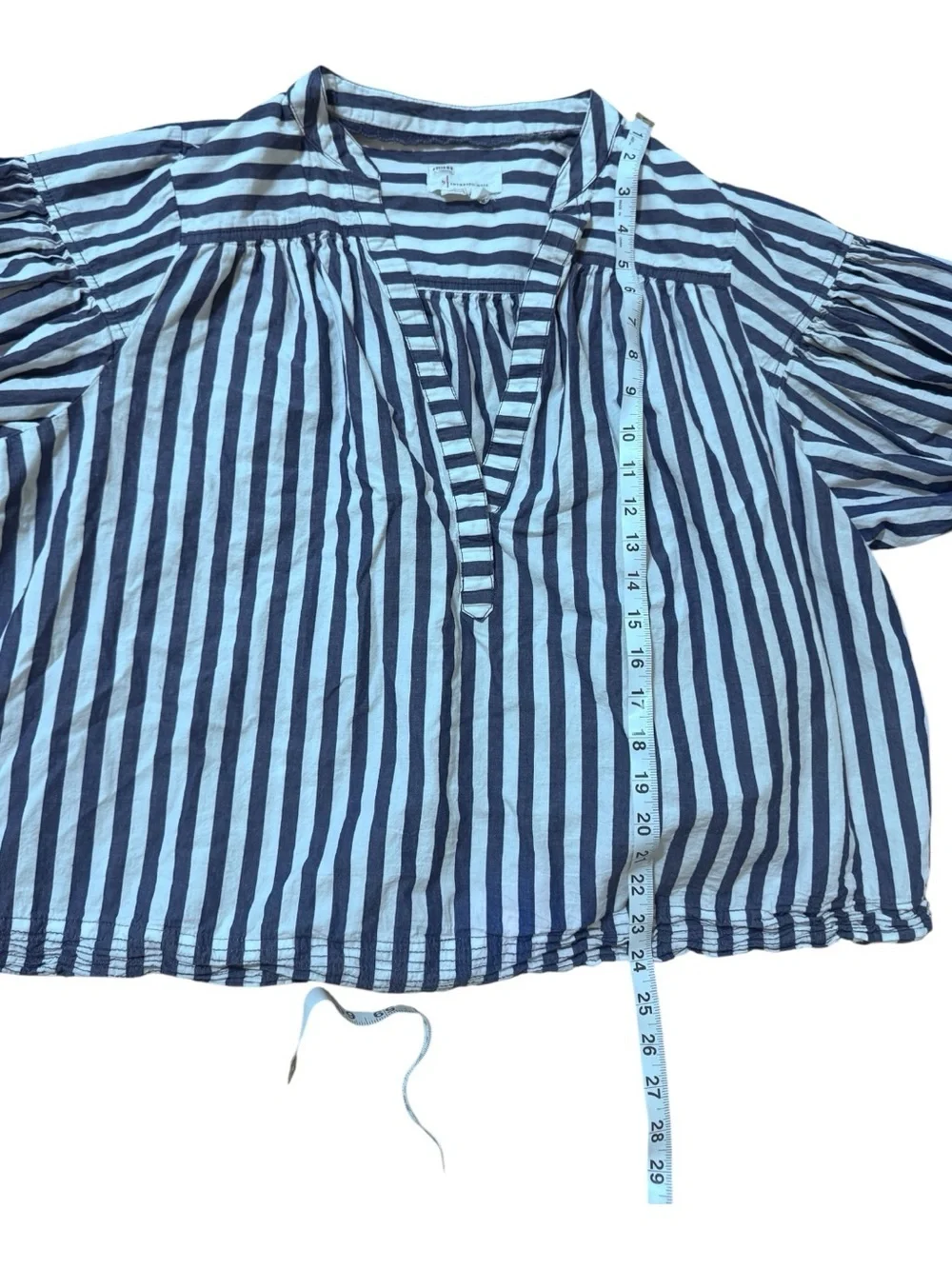 Anthropologie Navy & White Striped V-Neck Puff Sleeve Blouse